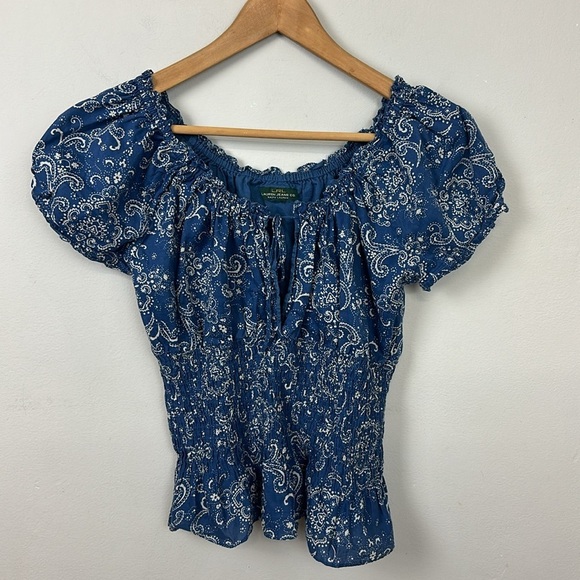 LRL Lauren Ralph Lauren Y2K Blue Paisley Smocked Peasant Top Sz S/M - Picture 3 of 10